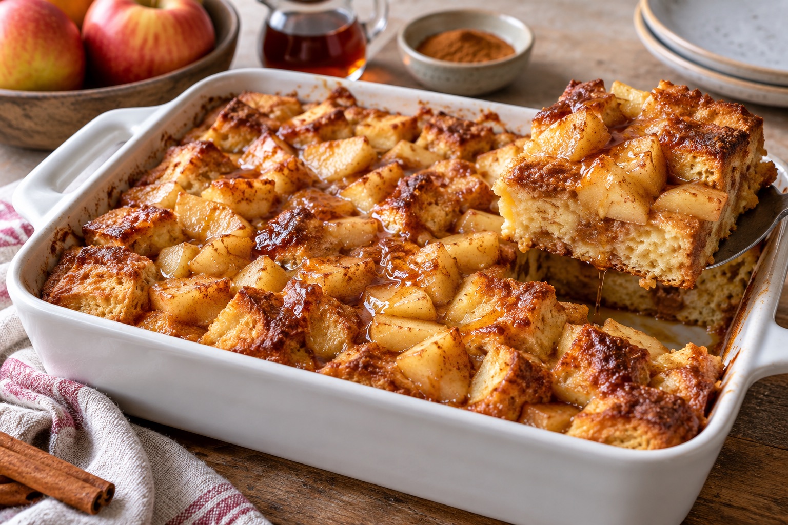Apple Cinnamon Baked French Toast Casserole served fresh with the ingredients described in the recipe