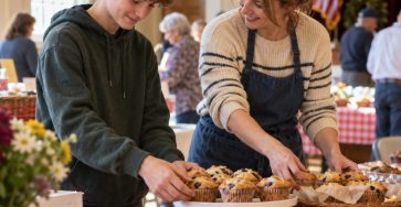 A shy teenage boy and an adult woman arranging homemade muffins on a community bake sale table, ordinary American community hall, hopeful candid moment