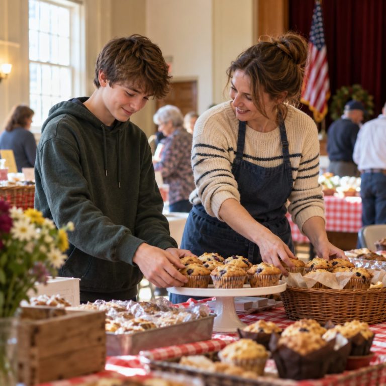 A shy teenage boy and an adult woman arranging homemade muffins on a community bake sale table, ordinary American community hall, hopeful candid moment