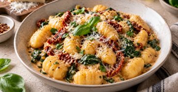 Creamy Sun-Dried Tomato Gnocchi with Spinach served fresh with the ingredients described in the recipe