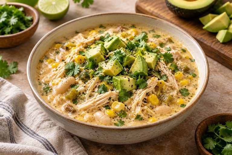 Creamy White Chicken Chili for Cozy Weeknights served fresh with the ingredients described in the recipe