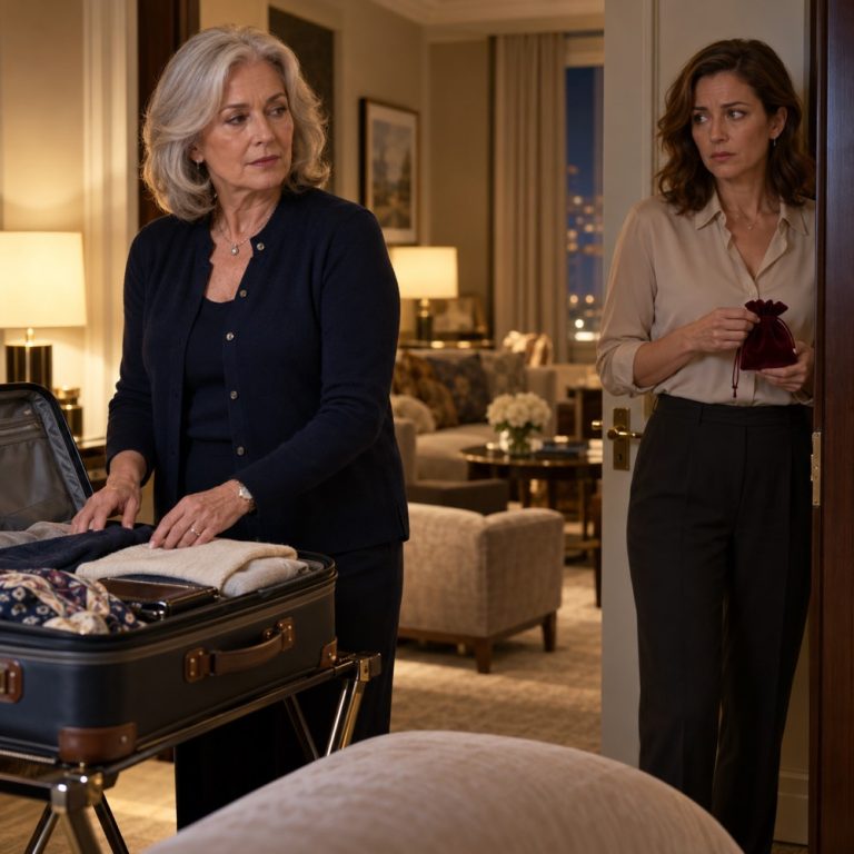 A fictional older adult woman beside an open suitcase in a hotel suite, with another adult woman holding a burgundy jewelry pouch.