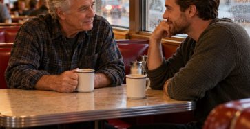 A modest American diner booth beside a rainy window with an older father and his adult son quietly talking over two mugs of coffee, hopeful intimate mood