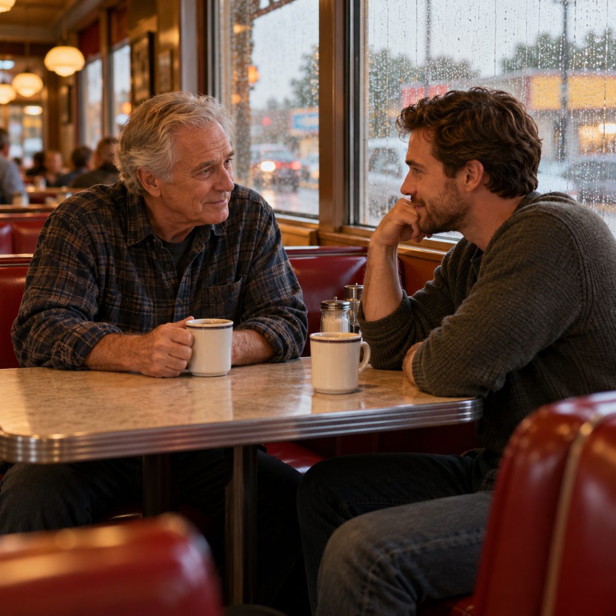 A modest American diner booth beside a rainy window with an older father and his adult son quietly talking over two mugs of coffee, hopeful intimate mood