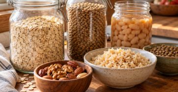 Beautiful open glass jars and small bowls of rolled oats, dry lentils, canned cooked beans, brown rice and nuts on a tidy wooden kitchen counter