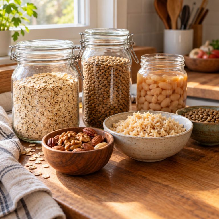 Beautiful open glass jars and small bowls of rolled oats, dry lentils, canned cooked beans, brown rice and nuts on a tidy wooden kitchen counter
