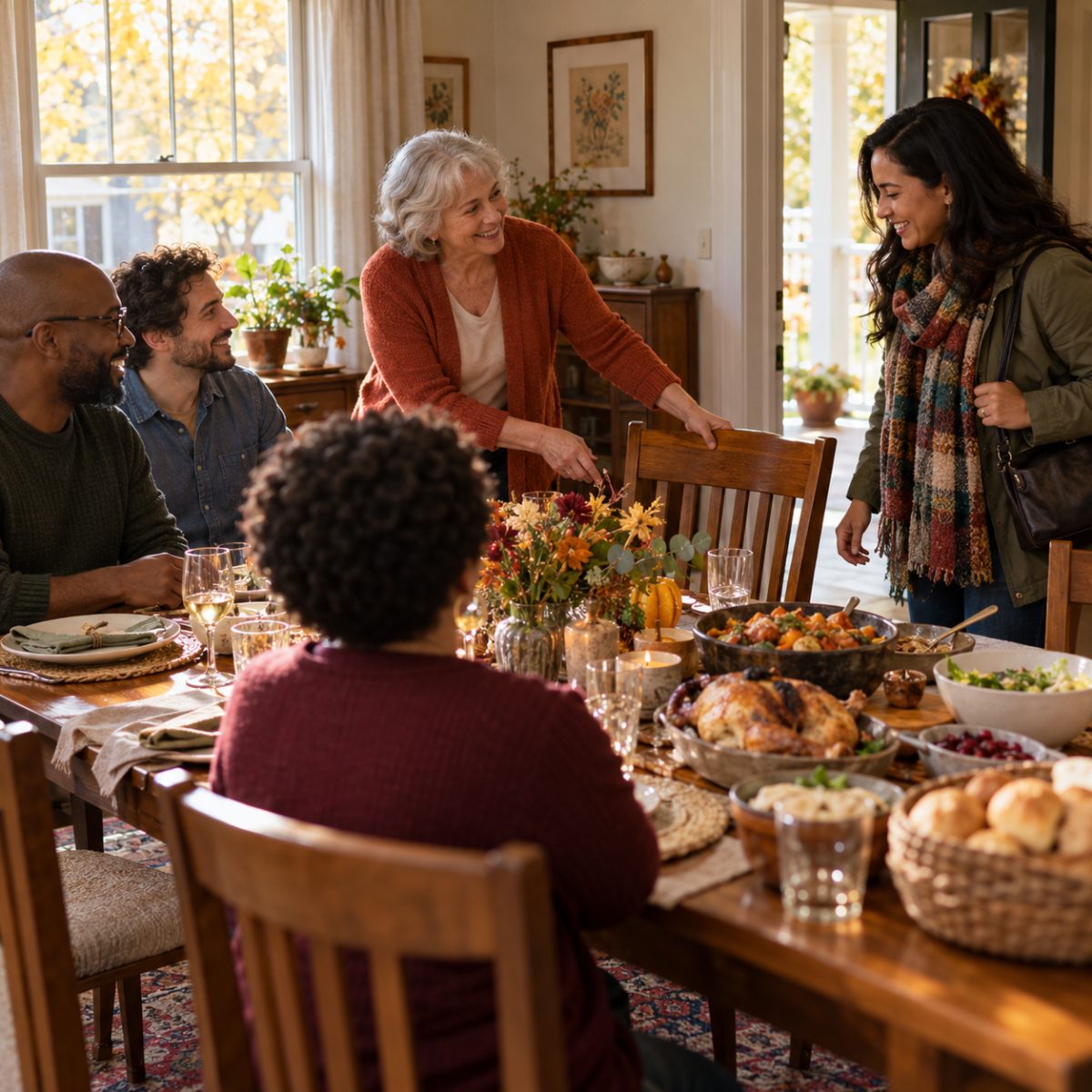 A warm diverse adult gathering at a modest autumn dinner table, an older woman pulling an extra chair toward a newly arriving adult neighbor, welcoming scene