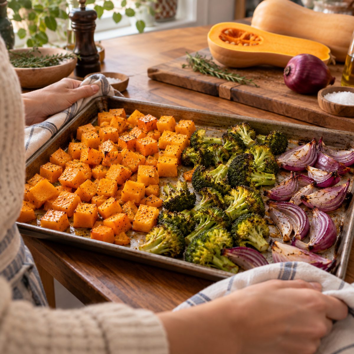 A metal sheet pan with separated groups of golden roasted butternut squash cubes, broccoli and red onion, autumn kitchen ingredients nearby