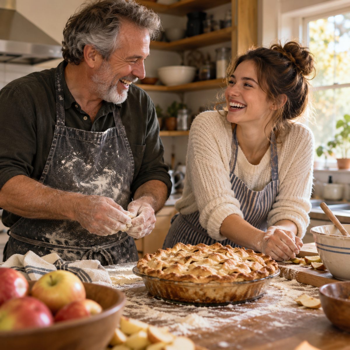 A father and his adult daughter laughing together in an ordinary kitchen beside a rustic slightly uneven homemade apple pie, flour on the counter, warm candid family photograph