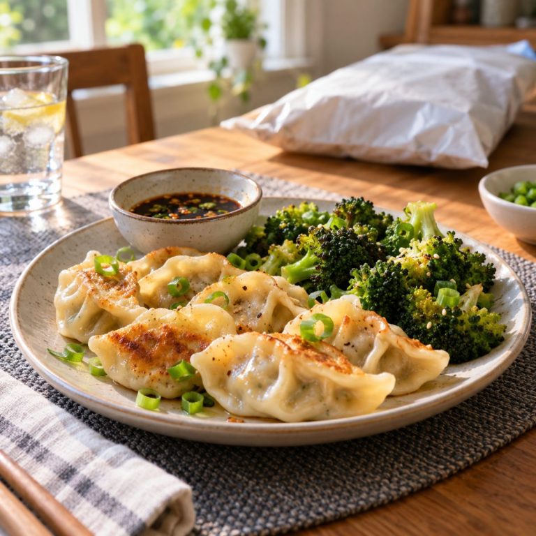 An inviting dinner plate of cooked vegetable dumplings with bright broccoli, scallions and a small dipping sauce, a closed plain unbranded frozen-food bag far in the background