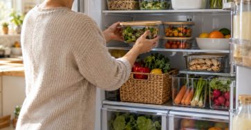 An open clean ordinary refrigerator with neatly arranged clear food containers, visible vegetables and a small eat-first basket