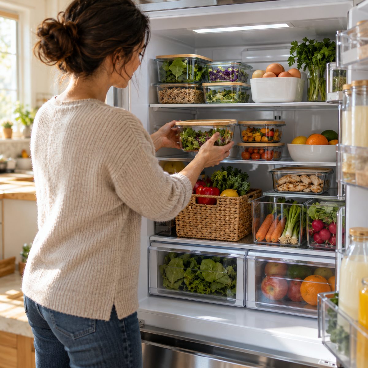 An open clean ordinary refrigerator with neatly arranged clear food containers, visible vegetables and a small eat-first basket