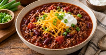 Game-Day Beef and Bean Chili served fresh with the ingredients described in the recipe