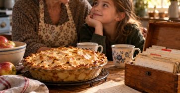 A worn wooden recipe box open on a kitchen table beside handwritten cards with deliberately unreadable writing, a freshly baked apple pie and two mugs, nostalgic family atmosphere
