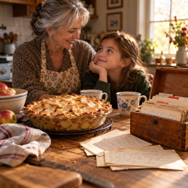 A worn wooden recipe box open on a kitchen table beside handwritten cards with deliberately unreadable writing, a freshly baked apple pie and two mugs, nostalgic family atmosphere