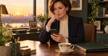 A fully clothed adult woman reviewing a phone message at her home-office desk beside a green project folder.