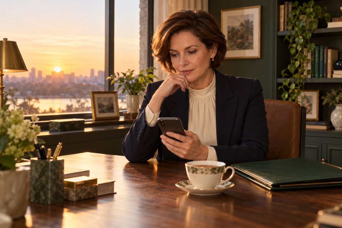 A fully clothed adult woman reviewing a phone message at her home-office desk beside a green project folder.