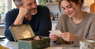 An adult father and his college-age daughter sitting at a kitchen counter with an open vintage lunchbox and a few small handwritten paper notes with unreadable text, tender natural candid moment