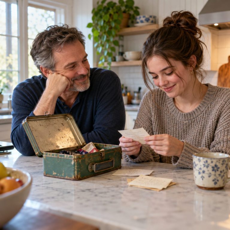 An adult father and his college-age daughter sitting at a kitchen counter with an open vintage lunchbox and a few small handwritten paper notes with unreadable text, tender natural candid moment