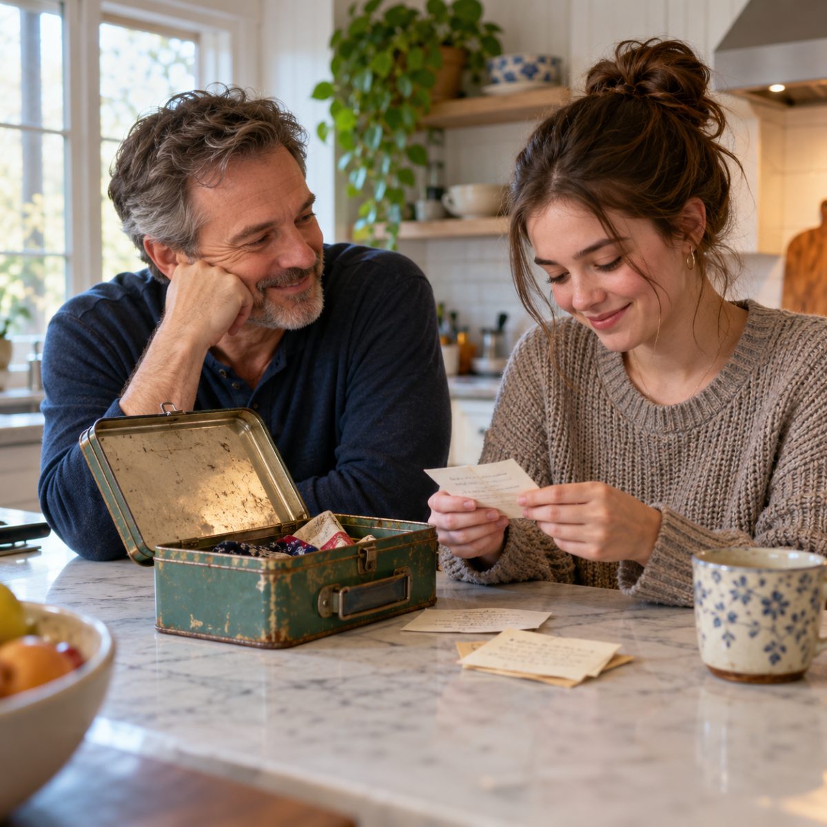 An adult father and his college-age daughter sitting at a kitchen counter with an open vintage lunchbox and a few small handwritten paper notes with unreadable text, tender natural candid moment
