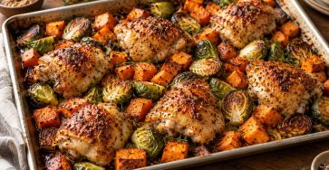 Maple Dijon Sheet-Pan Chicken with Fall Vegetables served fresh with the ingredients described in the recipe