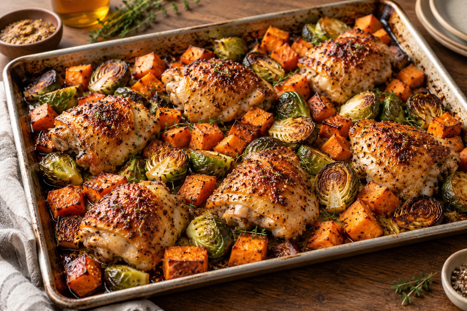 Maple Dijon Sheet-Pan Chicken with Fall Vegetables served fresh with the ingredients described in the recipe