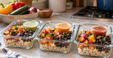 Three glass lunch containers with cooked rice, beans, roasted vegetables and sauce stored separately in tiny lidded cups, colorful practical home meal prep