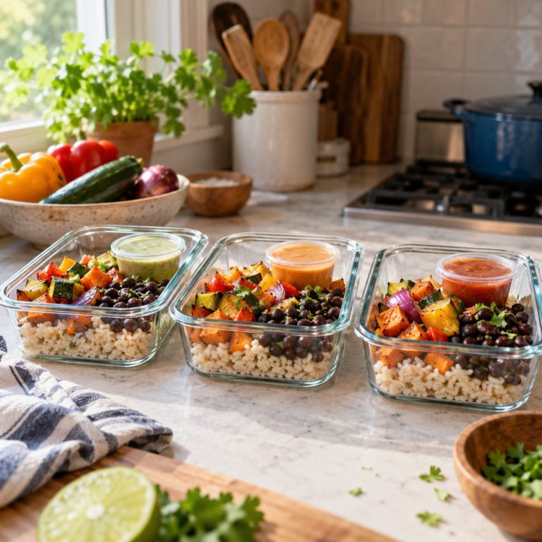 Three glass lunch containers with cooked rice, beans, roasted vegetables and sauce stored separately in tiny lidded cups, colorful practical home meal prep