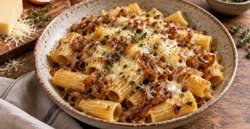 One-Pot French Onion Pasta with Gruyère served fresh with the ingredients described in the recipe