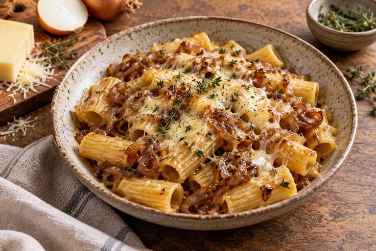 One-Pot French Onion Pasta with Gruyère served fresh with the ingredients described in the recipe