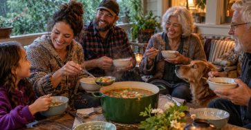 Neighbors of varied ages sharing a hot pot of soup and bread on a covered porch just after a rainstorm, wet trees in the background and warm safe indoor light, no disaster damage