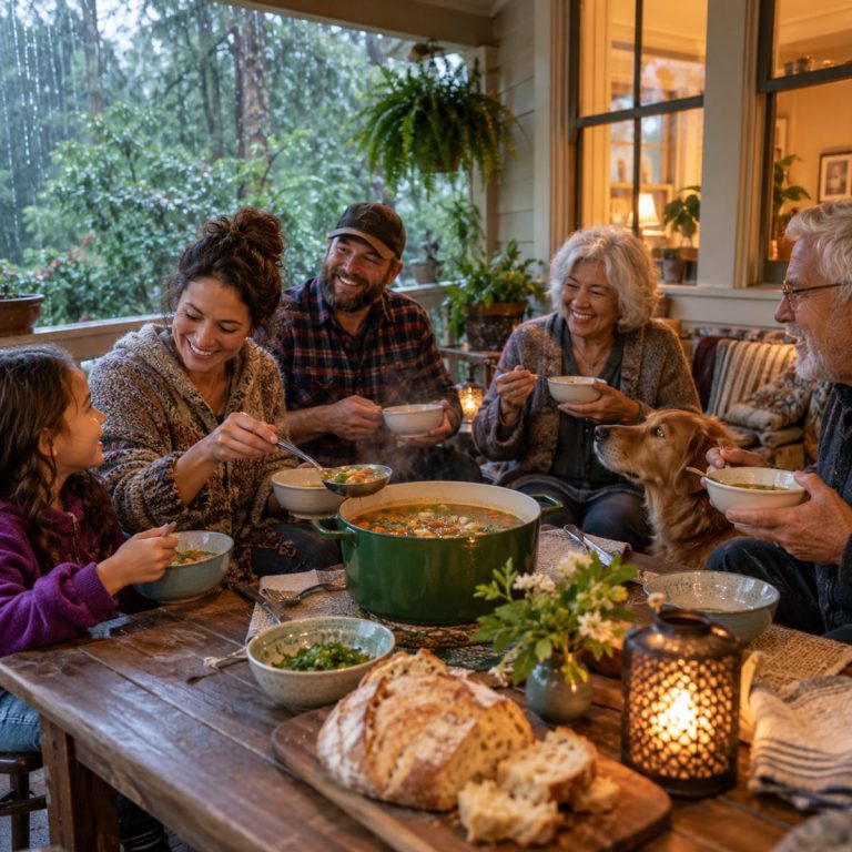 Neighbors of varied ages sharing a hot pot of soup and bread on a covered porch just after a rainstorm, wet trees in the background and warm safe indoor light, no disaster damage