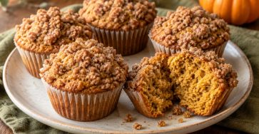 Golden pumpkin muffins with cinnamon streusel, including a halved muffin showing its soft center
