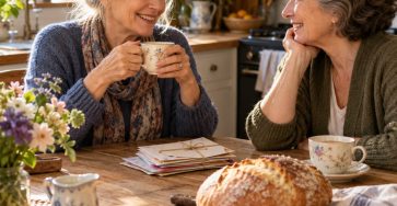 Two older female friends meeting over tea at a kitchen table, a small bundle of handwritten envelopes with unreadable text and a loaf of bread between them