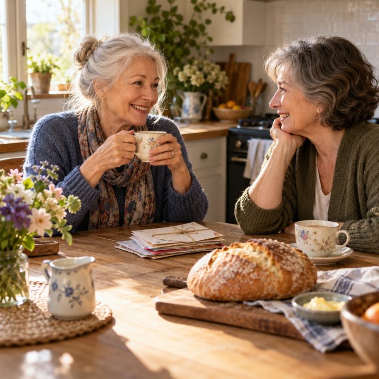 Two older female friends meeting over tea at a kitchen table, a small bundle of handwritten envelopes with unreadable text and a loaf of bread between them