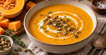 Roasted Butternut Squash Soup with Maple and Sage served fresh with the ingredients described in the recipe