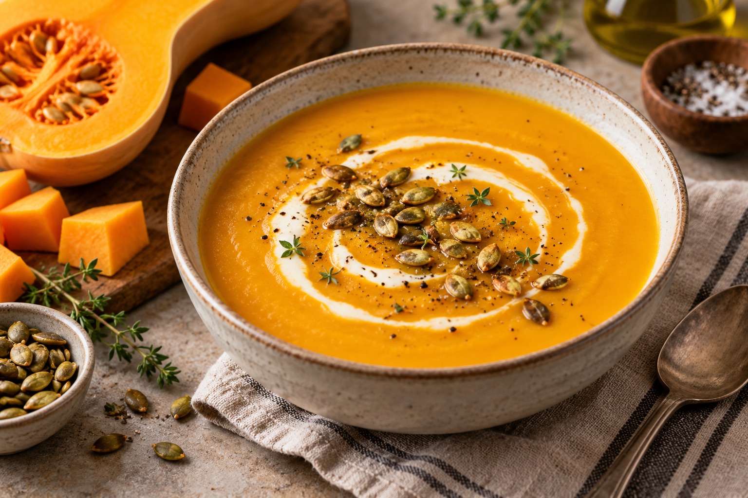 Roasted Butternut Squash Soup with Maple and Sage served fresh with the ingredients described in the recipe