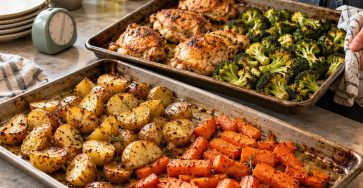 Two home oven sheet pans on a heat-safe counter with roasted potatoes, carrots, broccoli and cooked golden chicken pieces arranged in separate groups, kitchen timer without readable digits