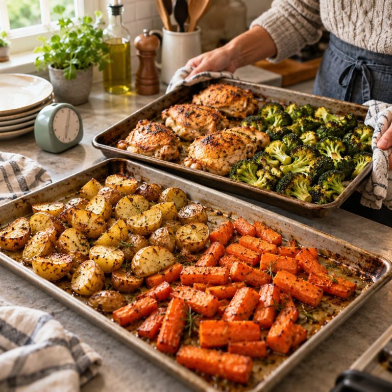 Two home oven sheet pans on a heat-safe counter with roasted potatoes, carrots, broccoli and cooked golden chicken pieces arranged in separate groups, kitchen timer without readable digits