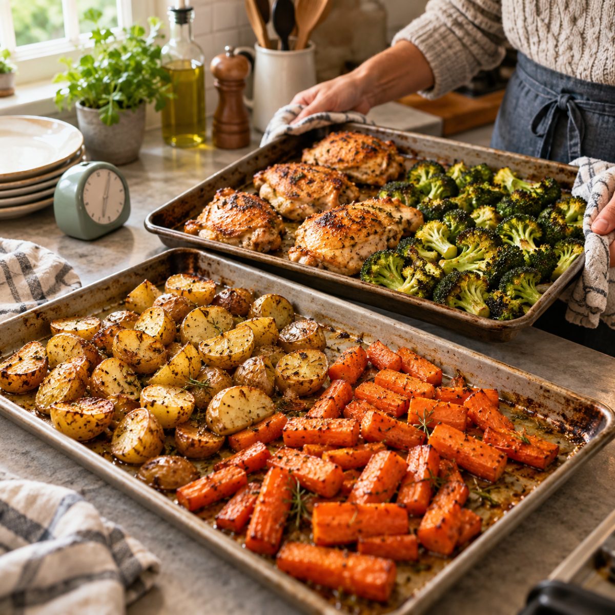 Two home oven sheet pans on a heat-safe counter with roasted potatoes, carrots, broccoli and cooked golden chicken pieces arranged in separate groups, kitchen timer without readable digits