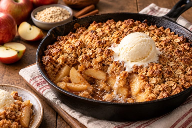 Skillet Apple Crisp with Buttery Oat Topping served fresh with the ingredients described in the recipe
