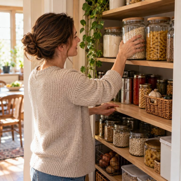 A tidy modest pantry shelf with jars, canned goods and one small use-first basket, functional realistic lived-in kitchen