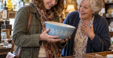 An adult woman holding a vintage blue ceramic mixing bowl in a cozy thrift shop, another older woman beside her recognizing it with a warm surprised smile