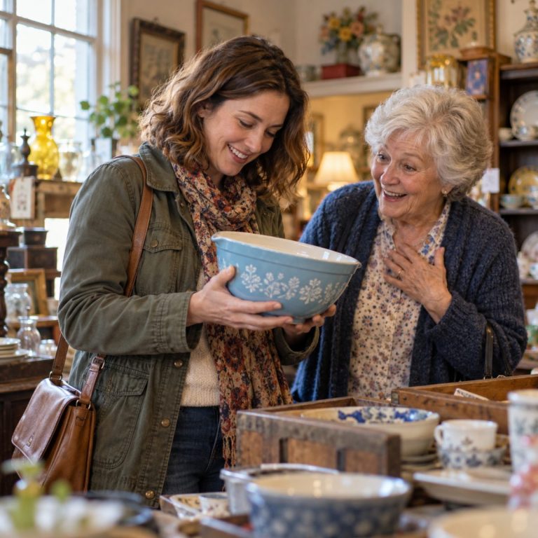 An adult woman holding a vintage blue ceramic mixing bowl in a cozy thrift shop, another older woman beside her recognizing it with a warm surprised smile