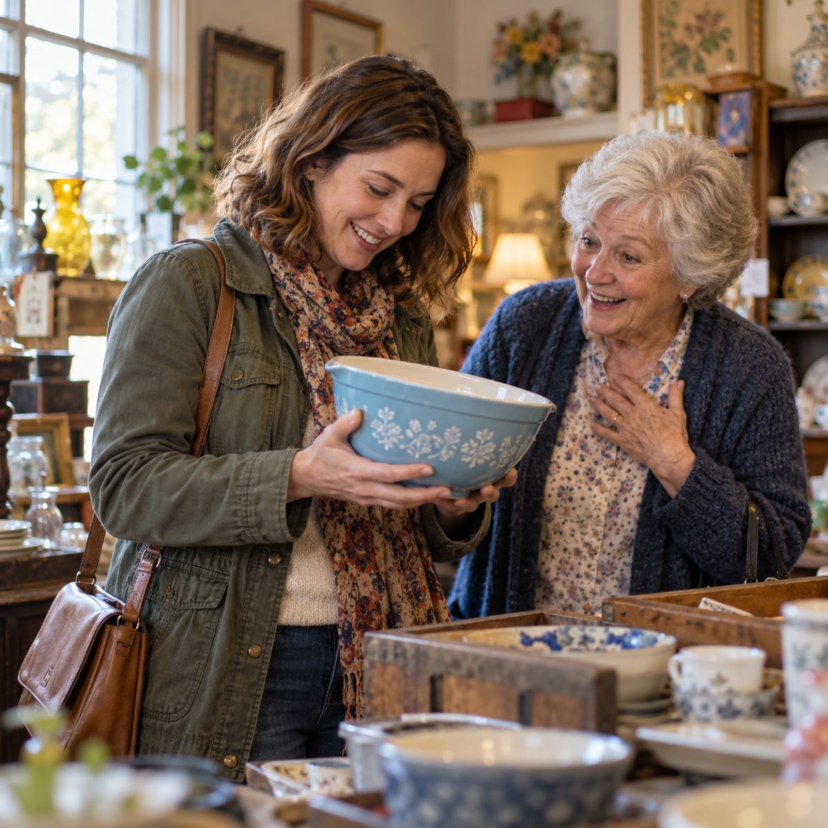 An adult woman holding a vintage blue ceramic mixing bowl in a cozy thrift shop, another older woman beside her recognizing it with a warm surprised smile