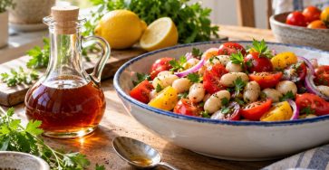 A small clear glass cruet of vinegar beside a colorful tomato bean salad, a teaspoon, lemons and fresh herbs on a sunlit kitchen table