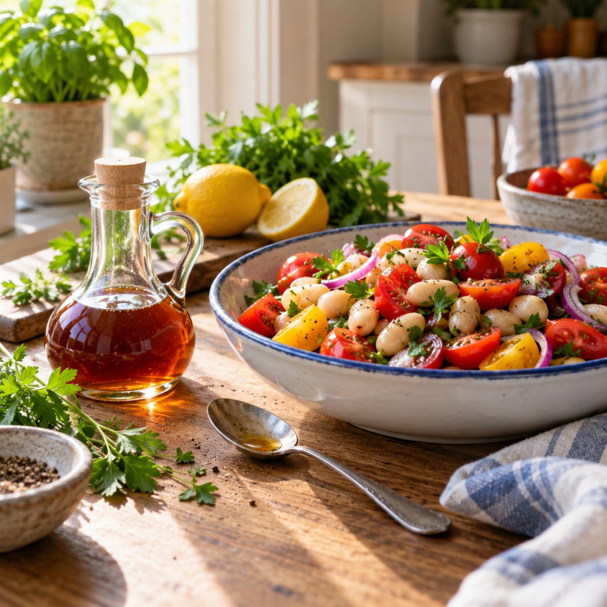 A small clear glass cruet of vinegar beside a colorful tomato bean salad, a teaspoon, lemons and fresh herbs on a sunlit kitchen table