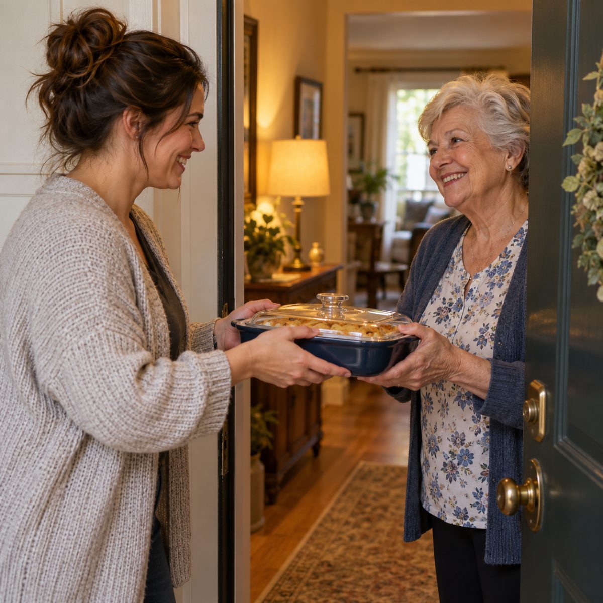 An adult woman and an older woman smiling at an apartment doorway as they exchange a covered casserole dish, warm hallway light, genuine neighborly kindness